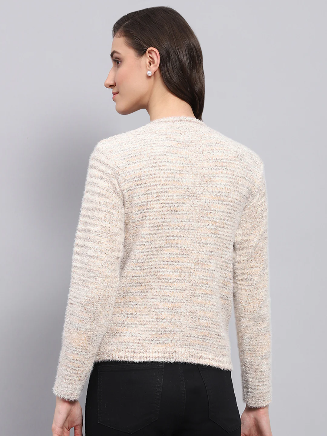 Women Beige Self Design V Neck Full Sleeve Cardigan - Image 5