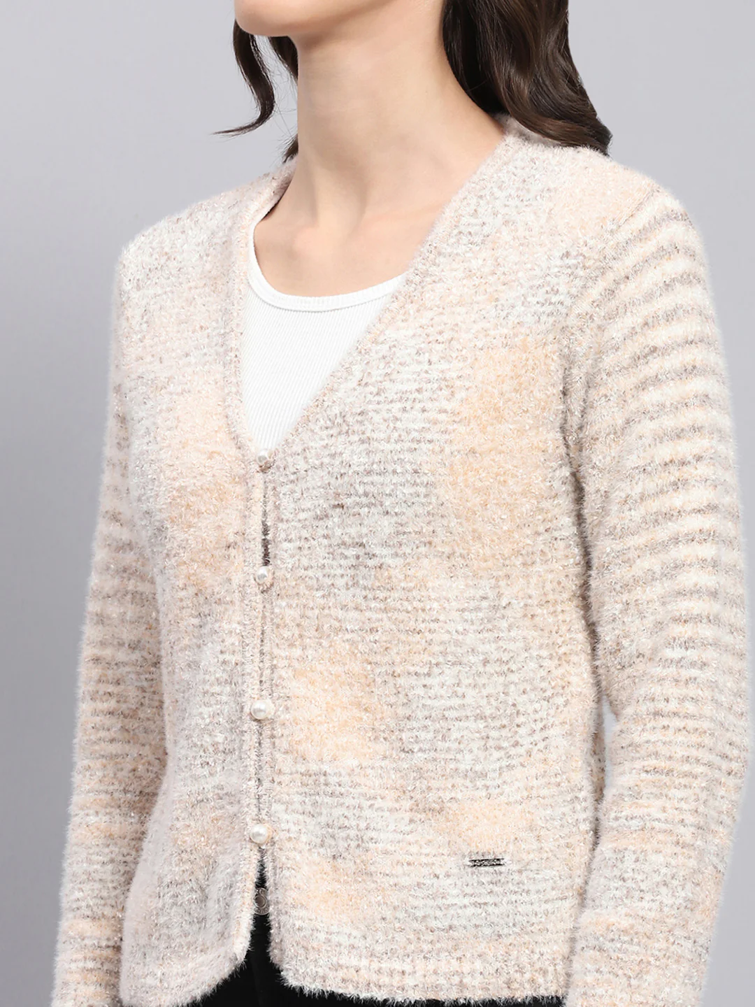 Women Beige Self Design V Neck Full Sleeve Cardigan - Image 6