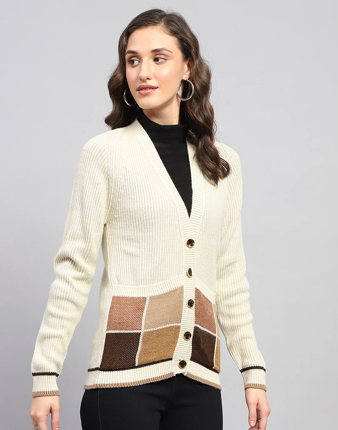 Women Beige Self Design V Neck Full Sleeve Cardigan - Image 5
