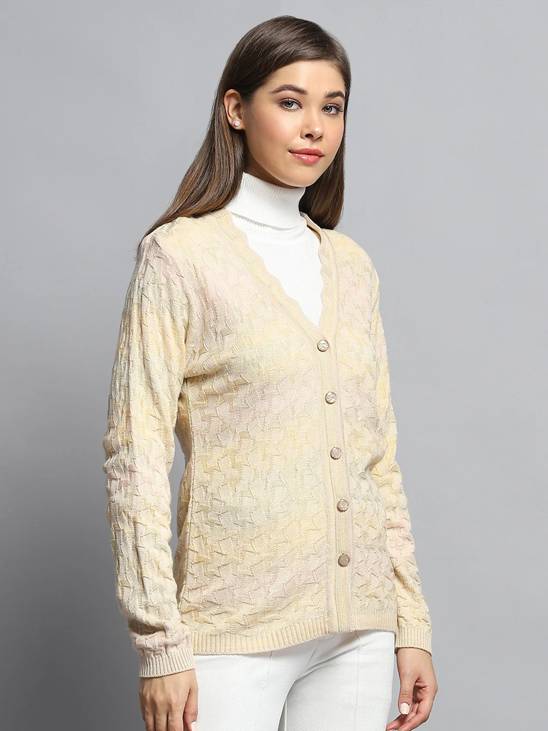 Women Beige Self Design V Neck Full Sleeve Cardigan - Image 4