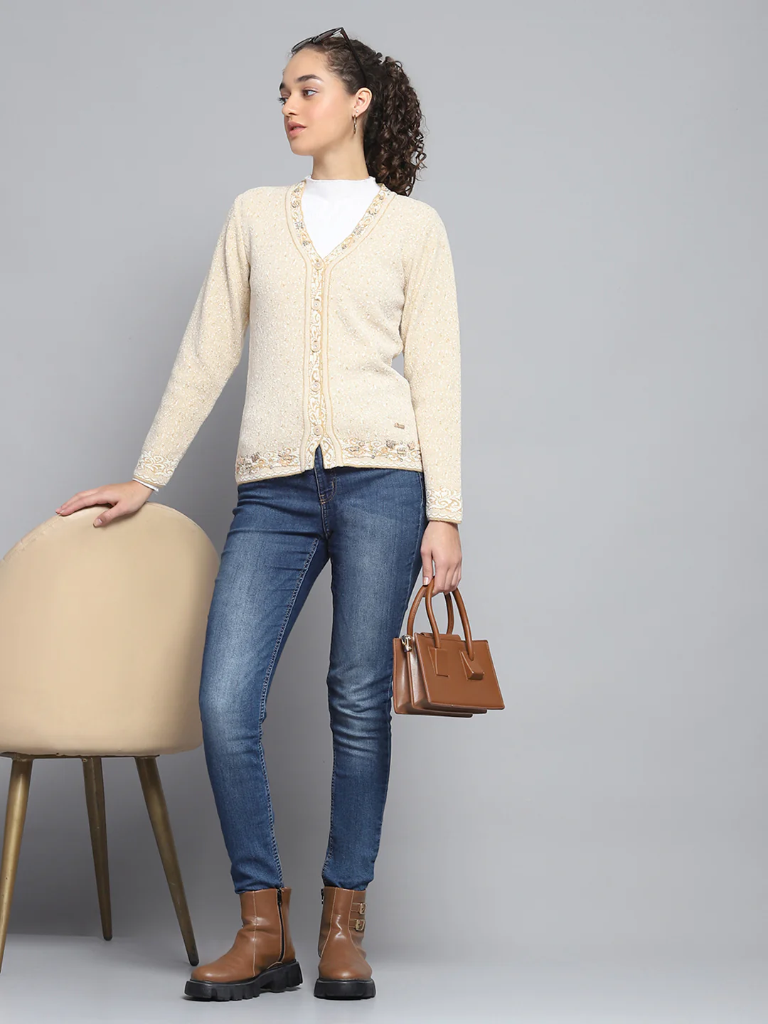Women Beige Self Design V Neck Full Sleeve Cardigan - Image 2