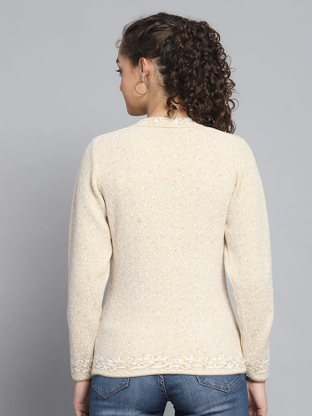 Women Beige Self Design V Neck Full Sleeve Cardigan - Image 5