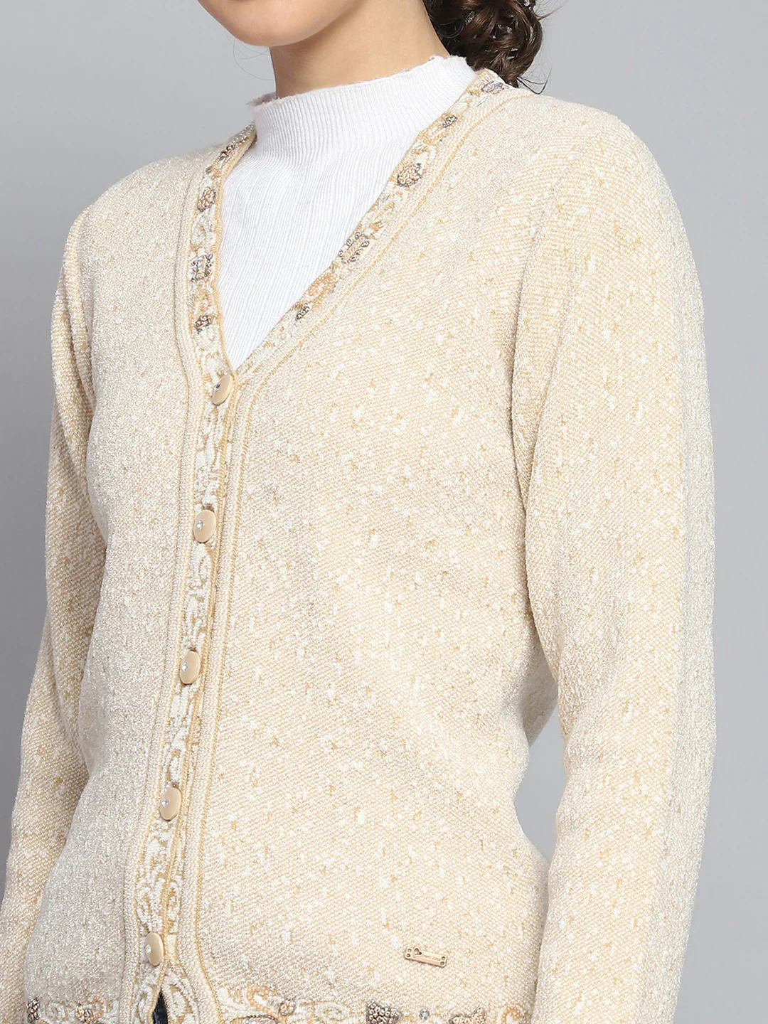 Women Beige Self Design V Neck Full Sleeve Cardigan - Image 7