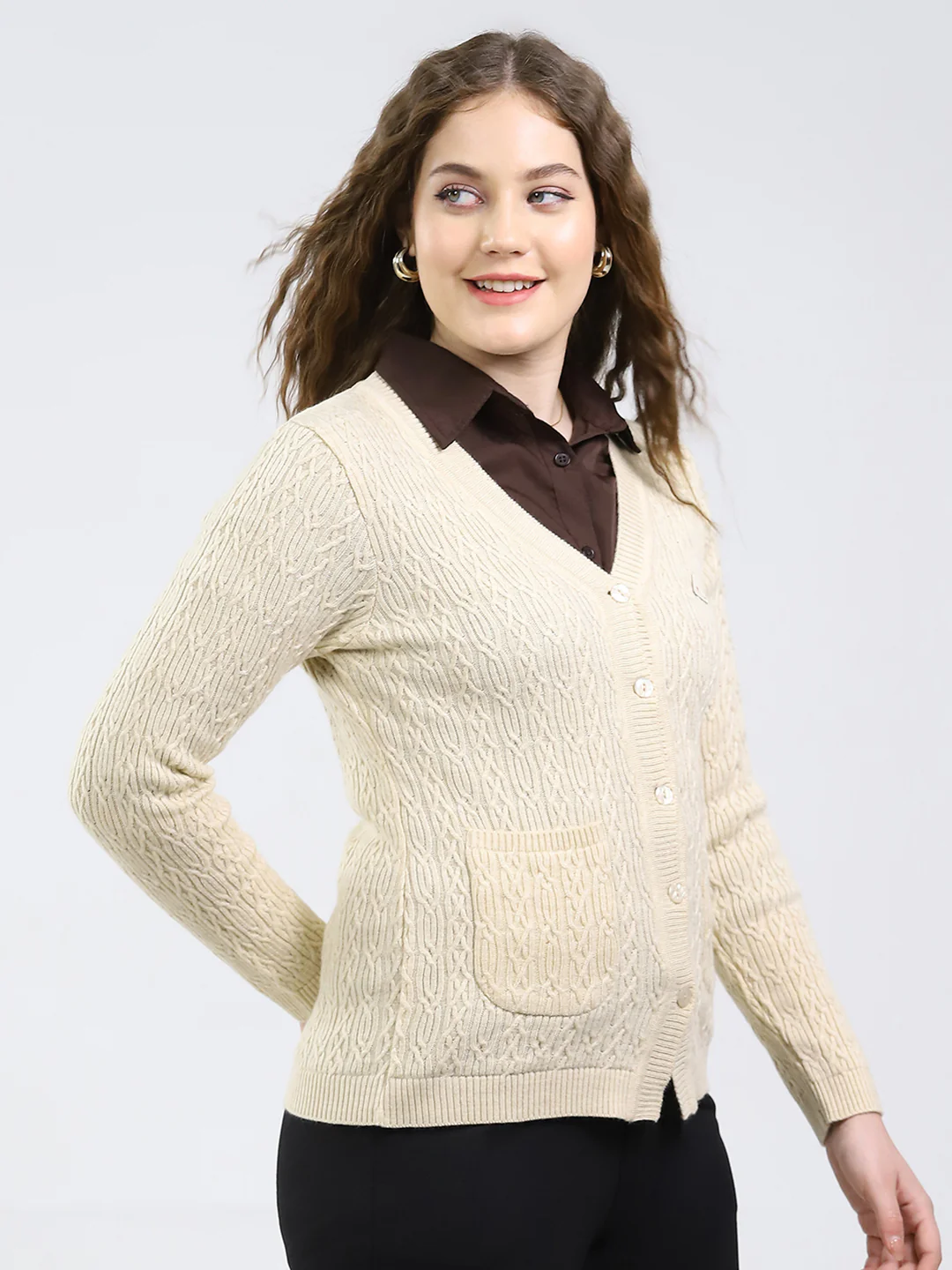 Women Beige Self Design V Neck Full Sleeve Cardigan - Image 4