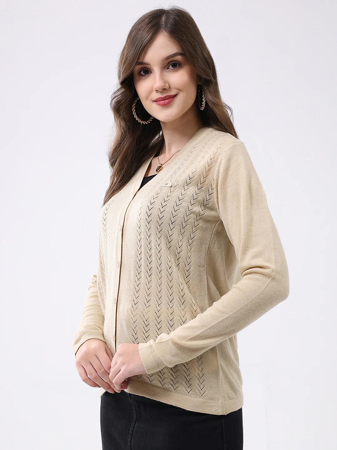 Women Beige Self Design V Neck Full Sleeve Cardigan - Image 3