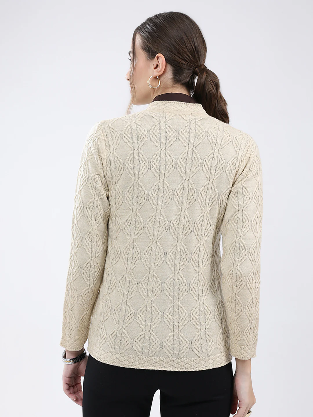 Women Beige Self Design V Neck Full Sleeve Cardigan - Image 5