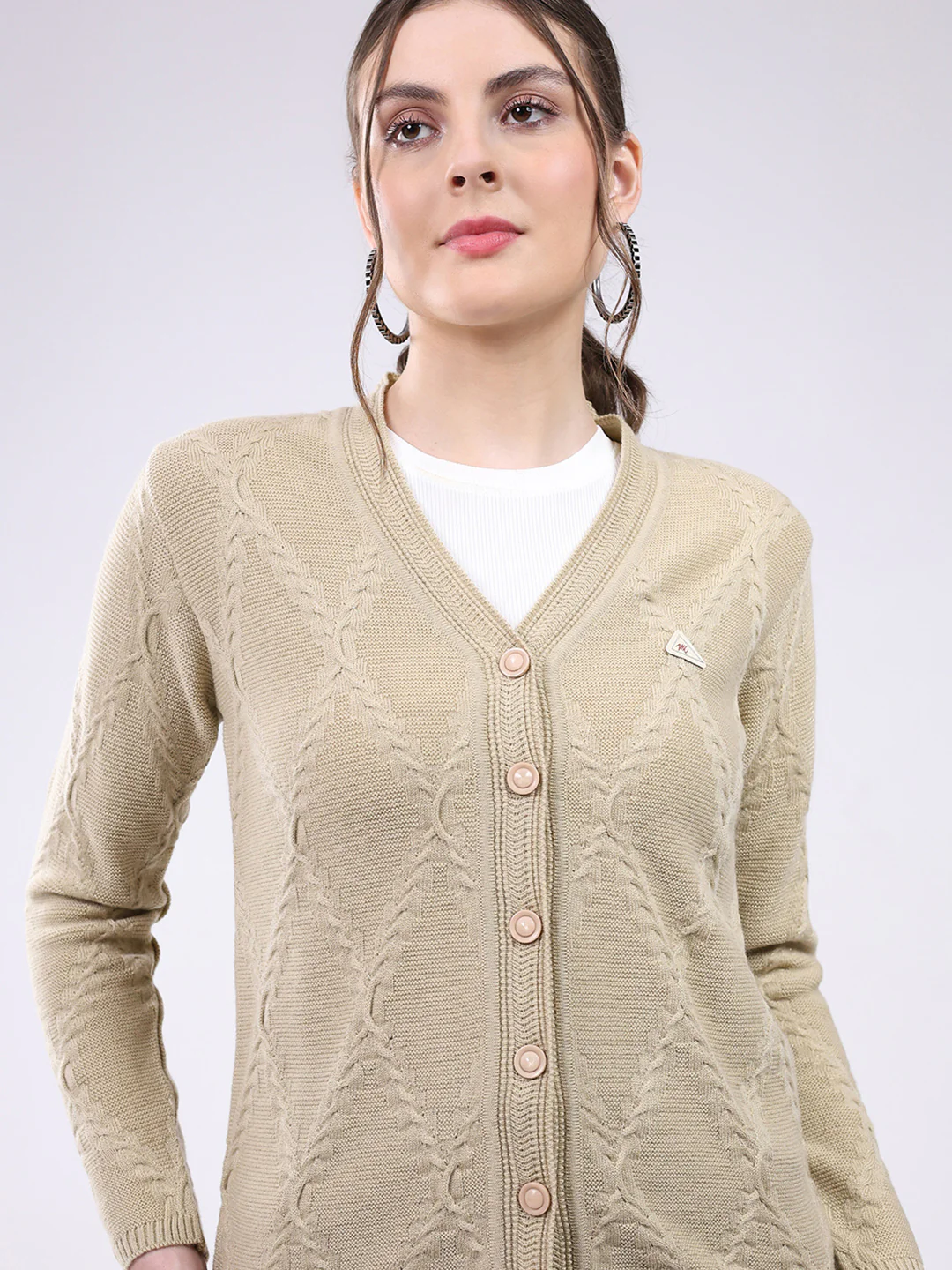 Women Beige Self Design V Neck Full Sleeve Cardigan - Image 6