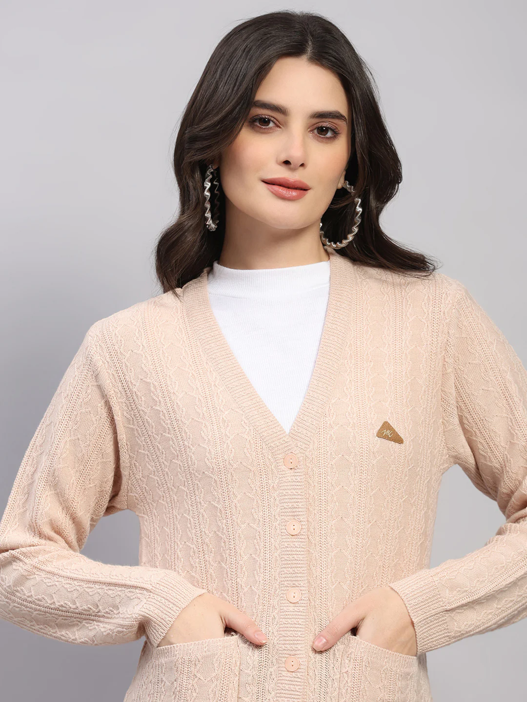 Women Beige Self Design V Neck Full Sleeve Cardigan - Image 7