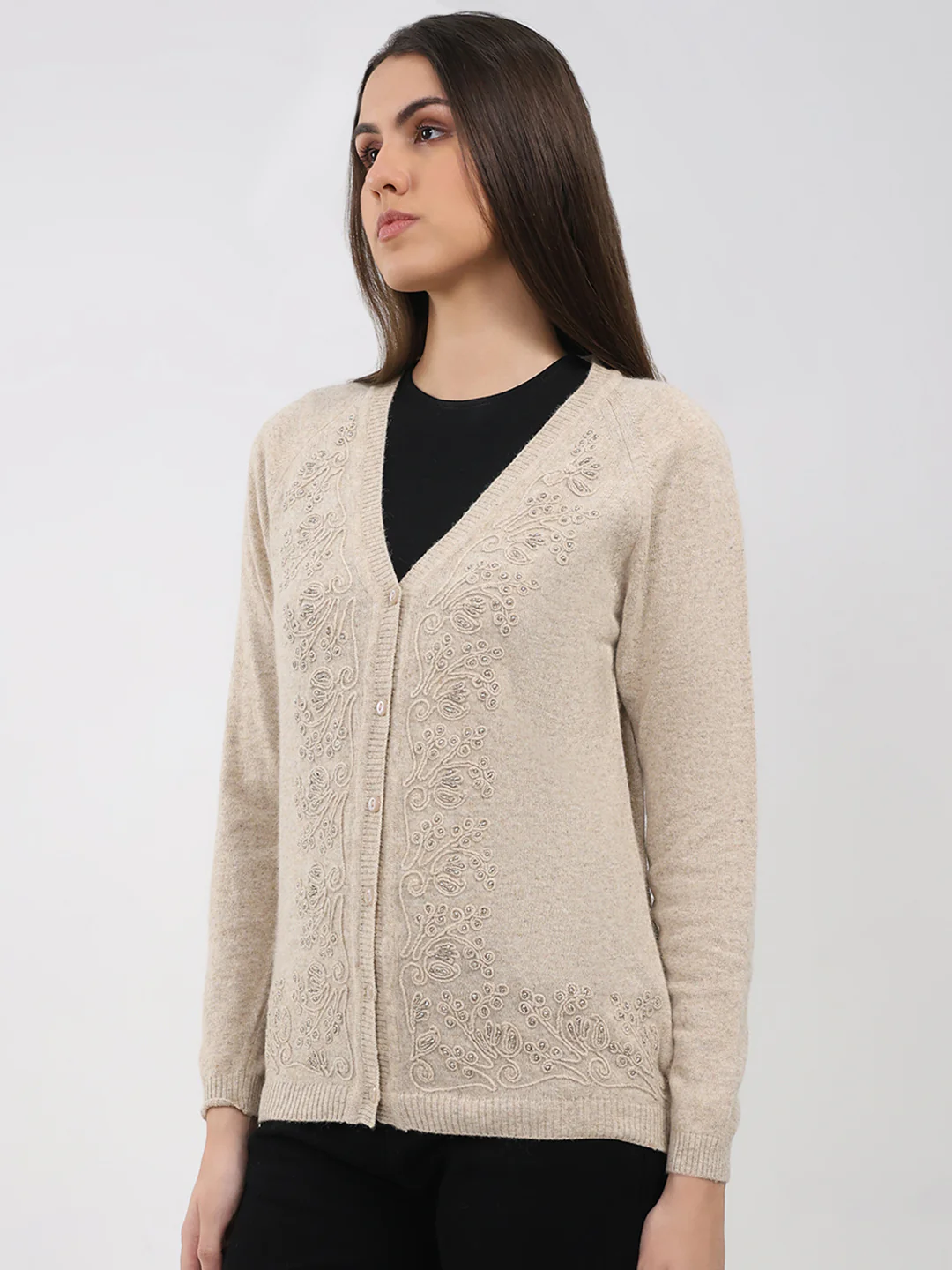 Women Beige Self Design V Neck Full Sleeve Cardigan - Image 3