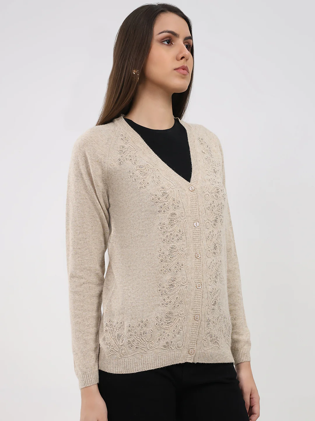 Women Beige Self Design V Neck Full Sleeve Cardigan - Image 4