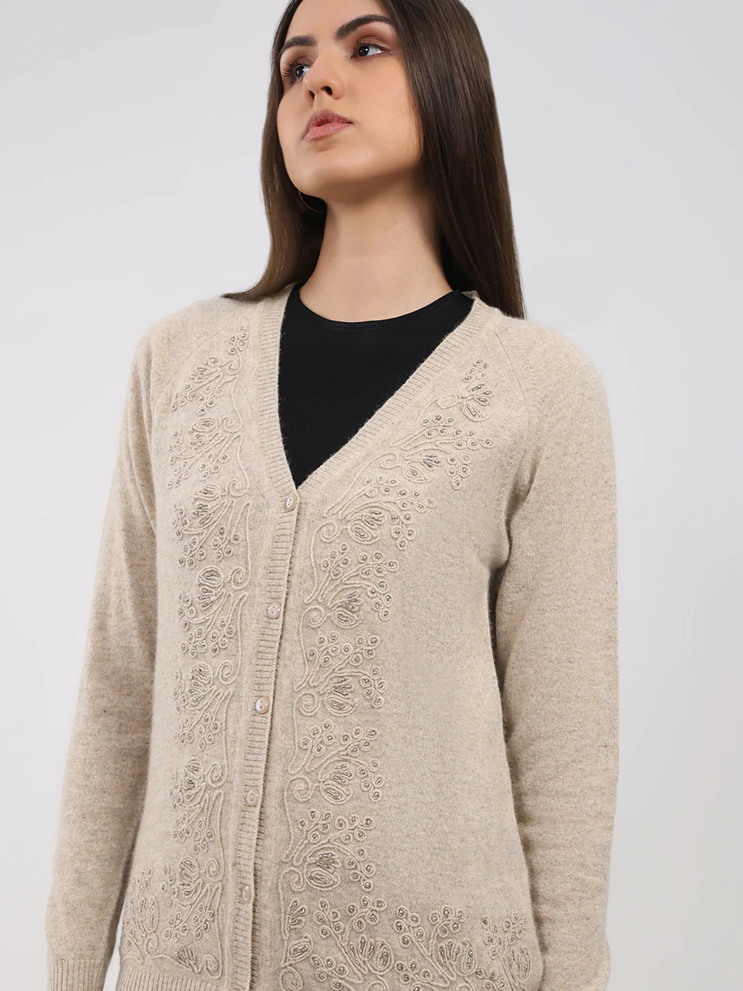 Women Beige Self Design V Neck Full Sleeve Cardigan - Image 6