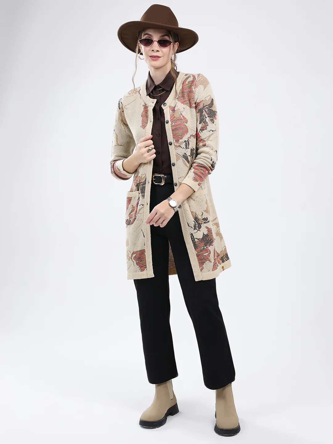 Women Beige Self Design Round Neck Full Sleeve Cardigan - Image 2