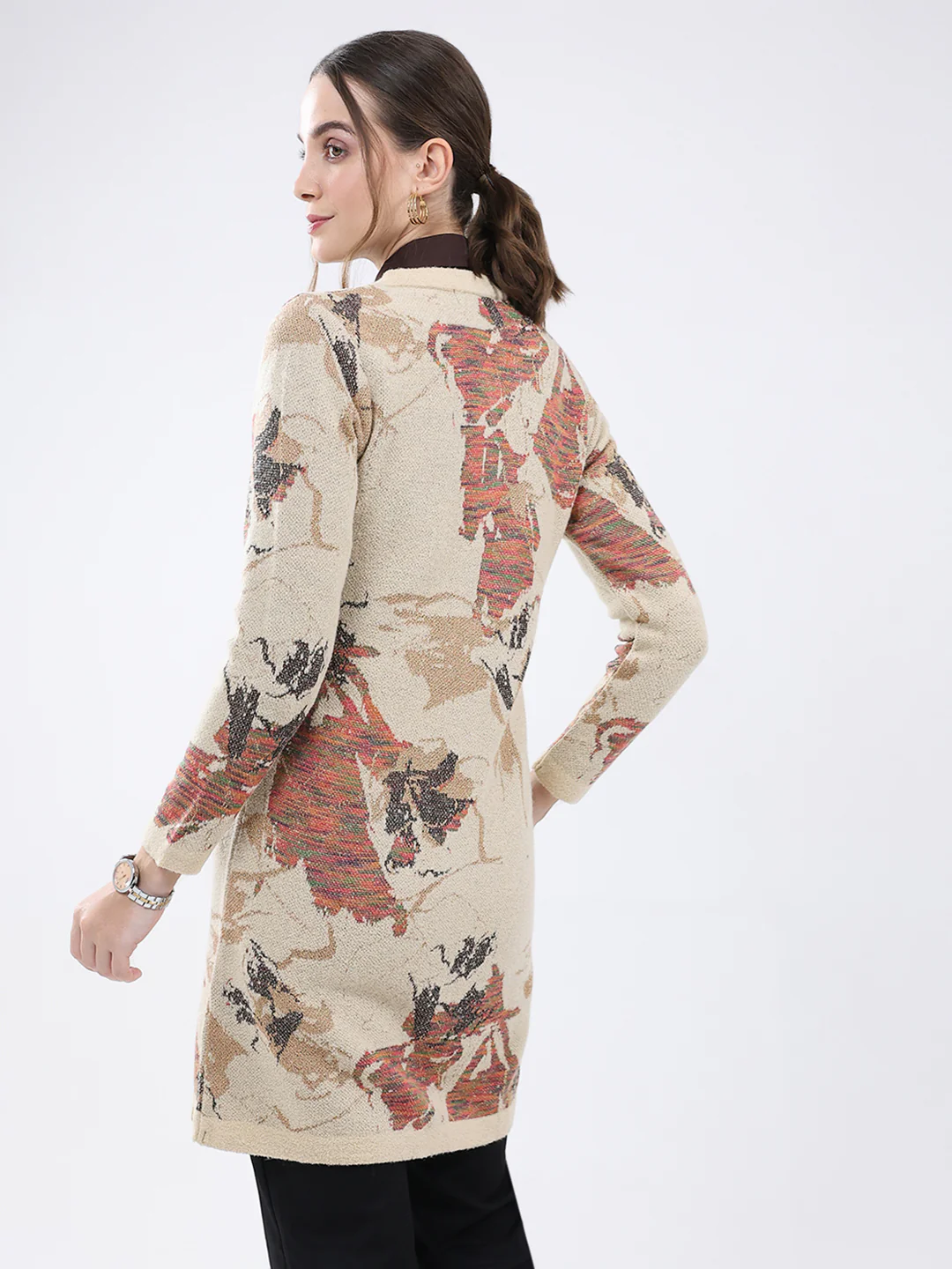 Women Beige Self Design Round Neck Full Sleeve Cardigan - Image 5