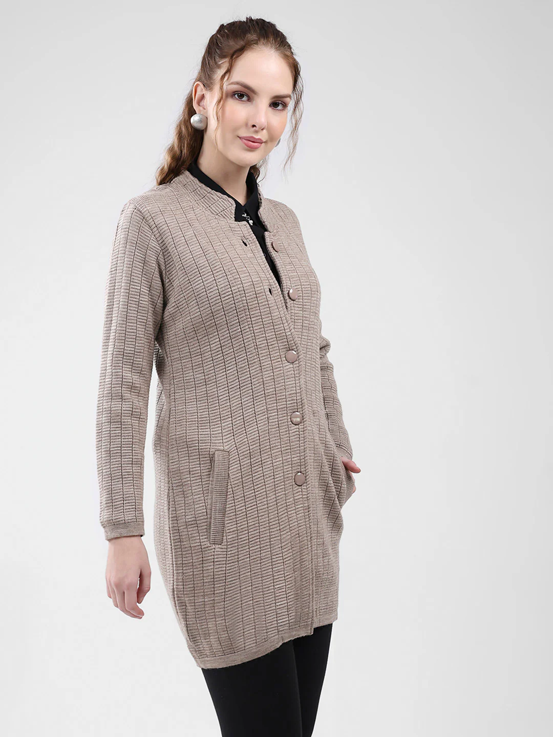 Women Beige Self Design Round Neck Full Sleeve Knitted Coat - Image 4