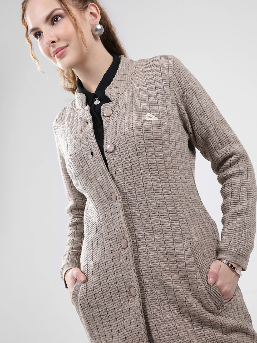 Women Beige Self Design Round Neck Full Sleeve Knitted Coat - Image 6