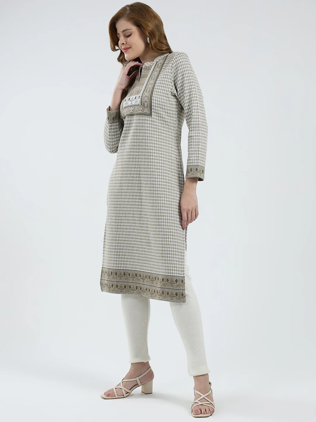 Women Beige Self Design Round Neck Full Sleeve Winter Kurti - Image 3