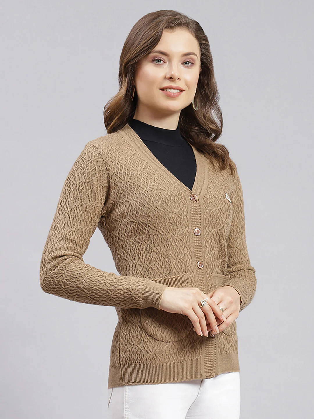 Women Beige Self Design Wool blend Cardigan - Image 2