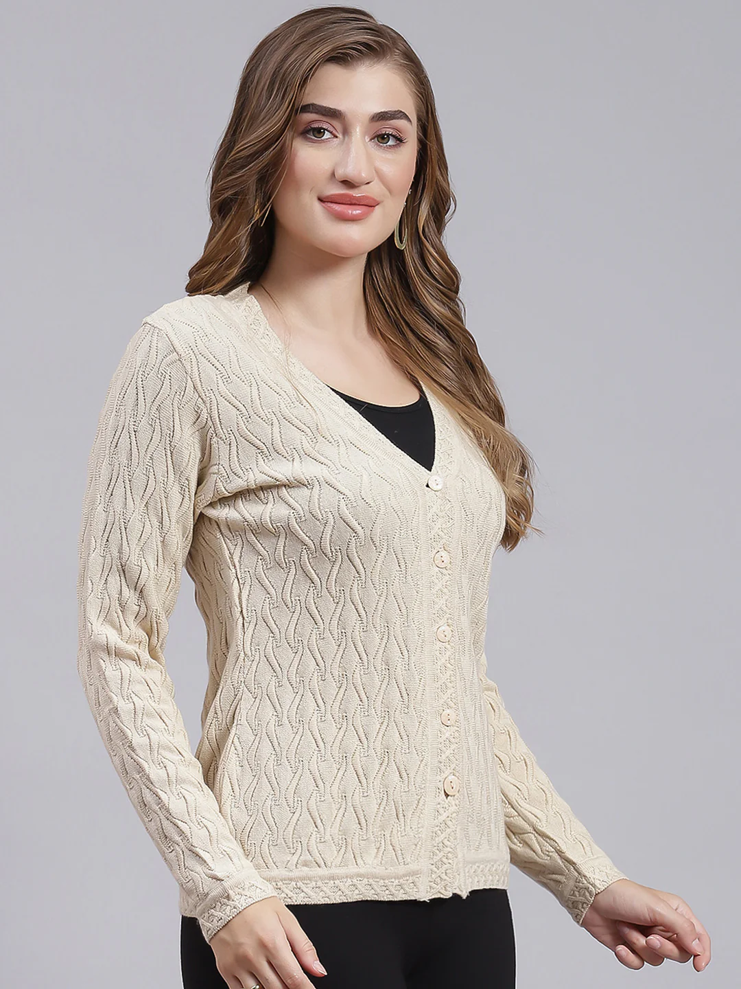 Women Beige Self Design Wool blend Cardigan - Image 2