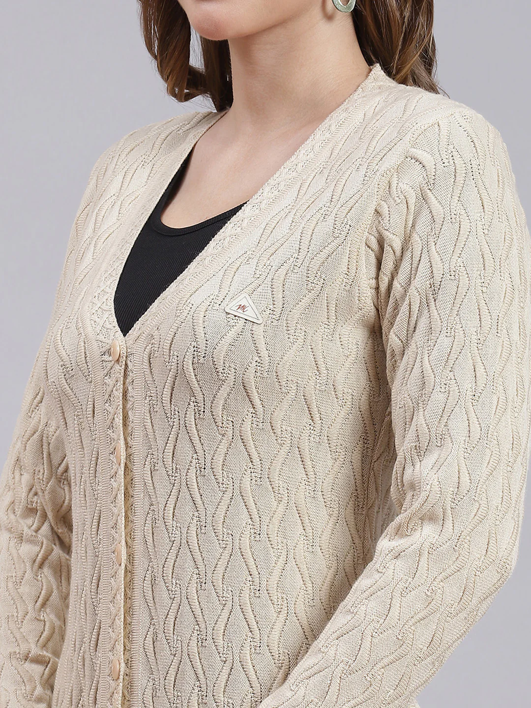 Women Beige Self Design Wool blend Cardigan - Image 6