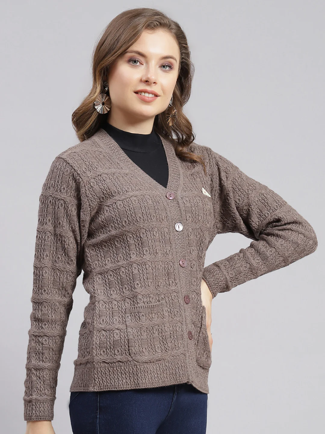 Women Beige Self Design Wool blend Cardigan - Image 2