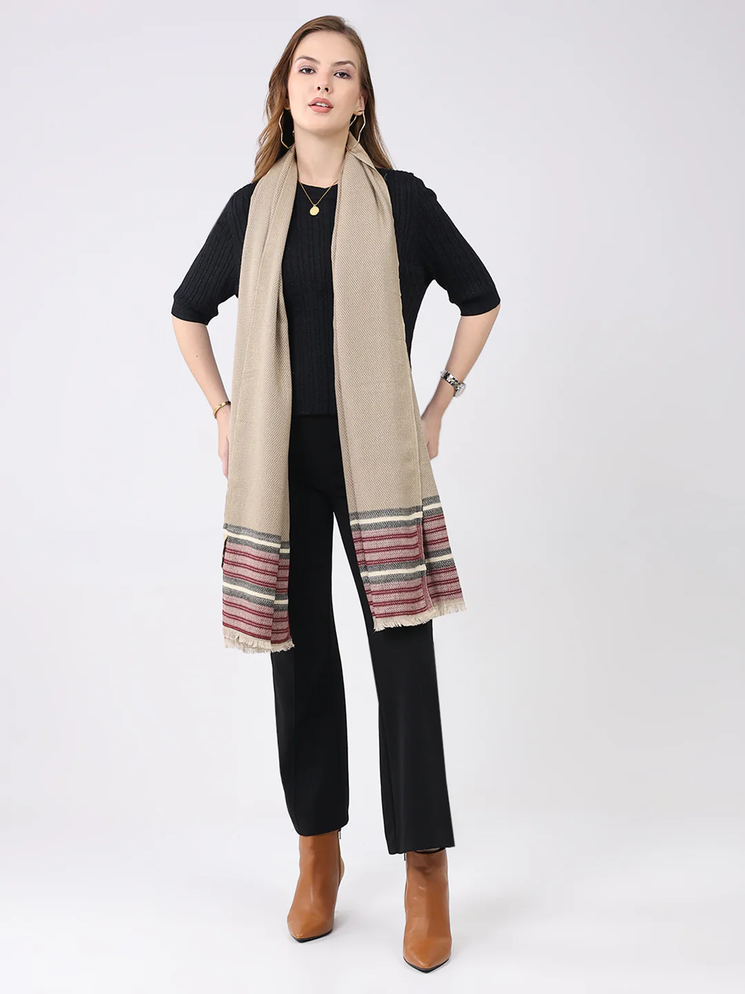 Women Beige Self Design Wool Stole - Image 2