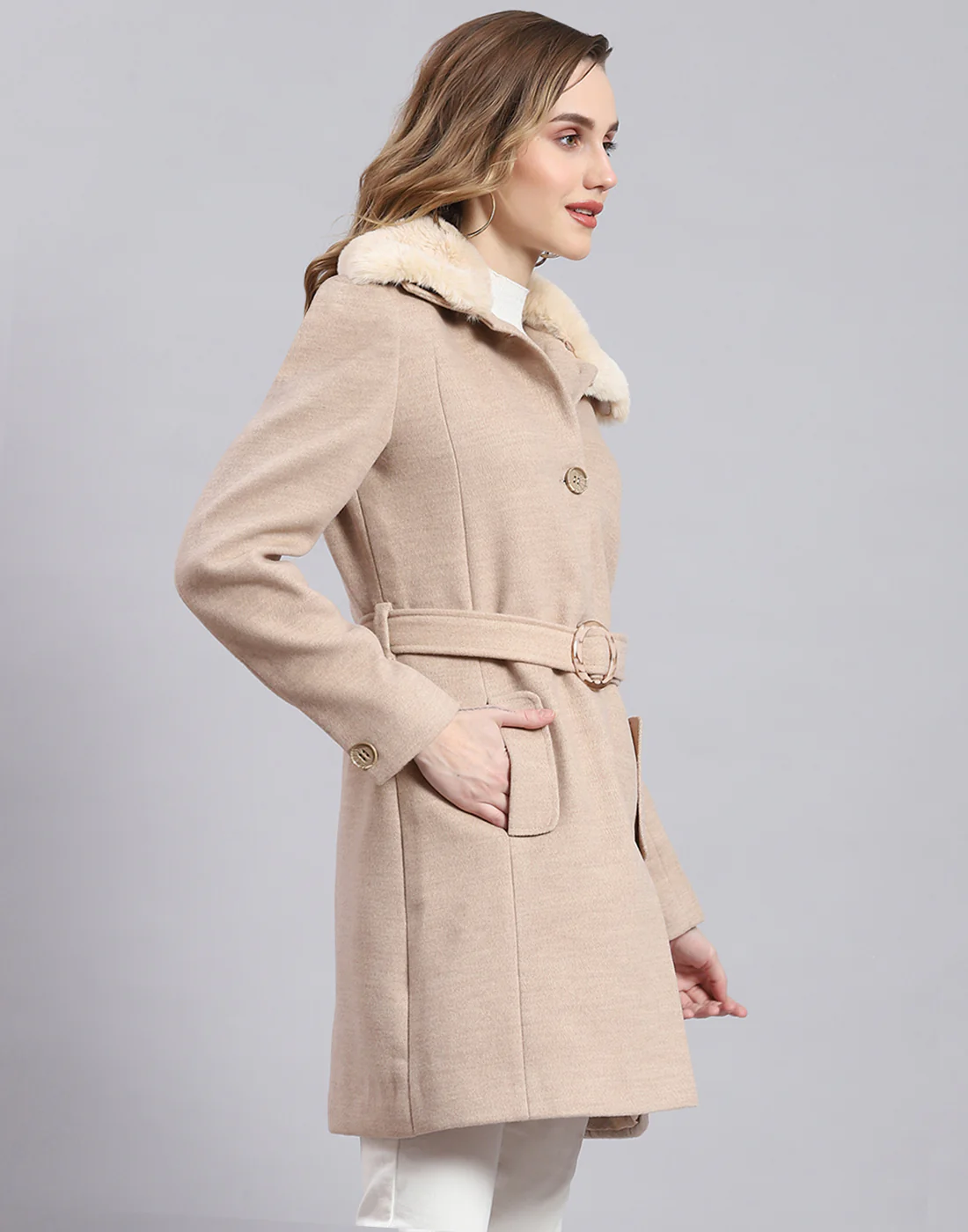 Women Beige Solid Collar Full Sleeve Coat - Image 4