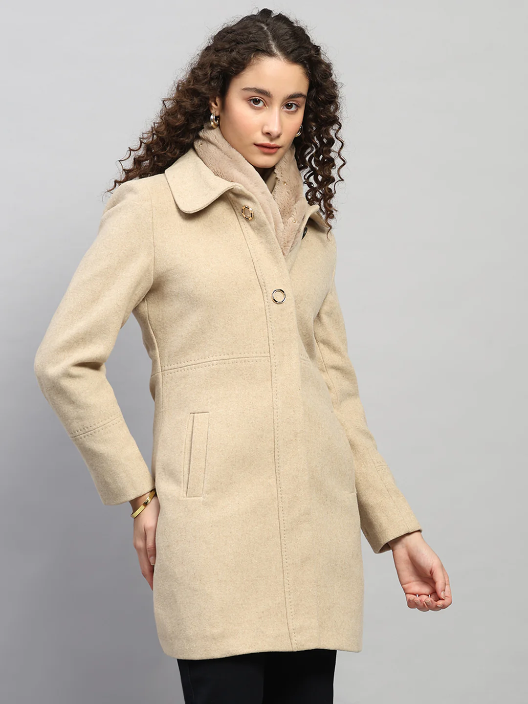 Women Beige Solid Collar Full Sleeve Coat - Image 4