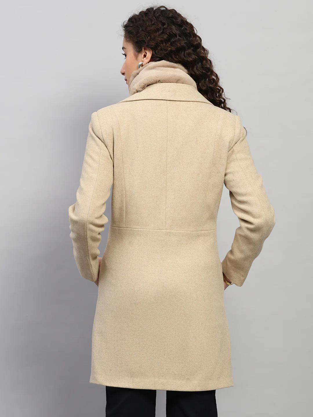 Women Beige Solid Collar Full Sleeve Coat - Image 5