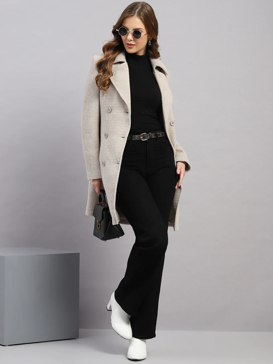 Women Beige Solid Collar Full Sleeve Coat - Image 2