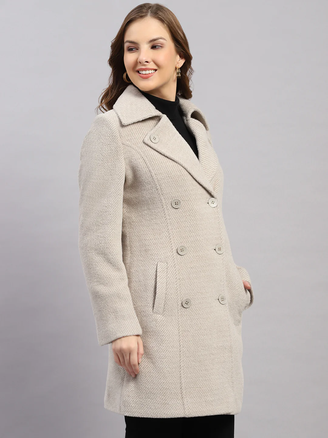 Women Beige Solid Collar Full Sleeve Coat - Image 4