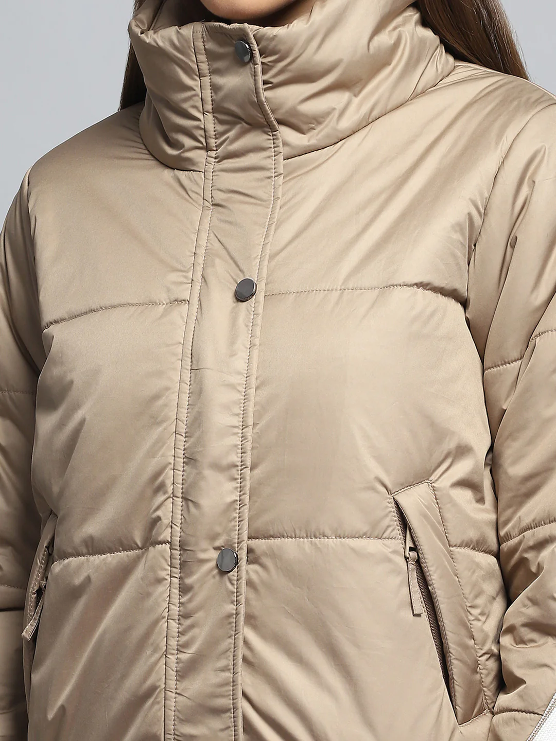 Women Beige Solid Collar Full Sleeve Jacket - Image 6