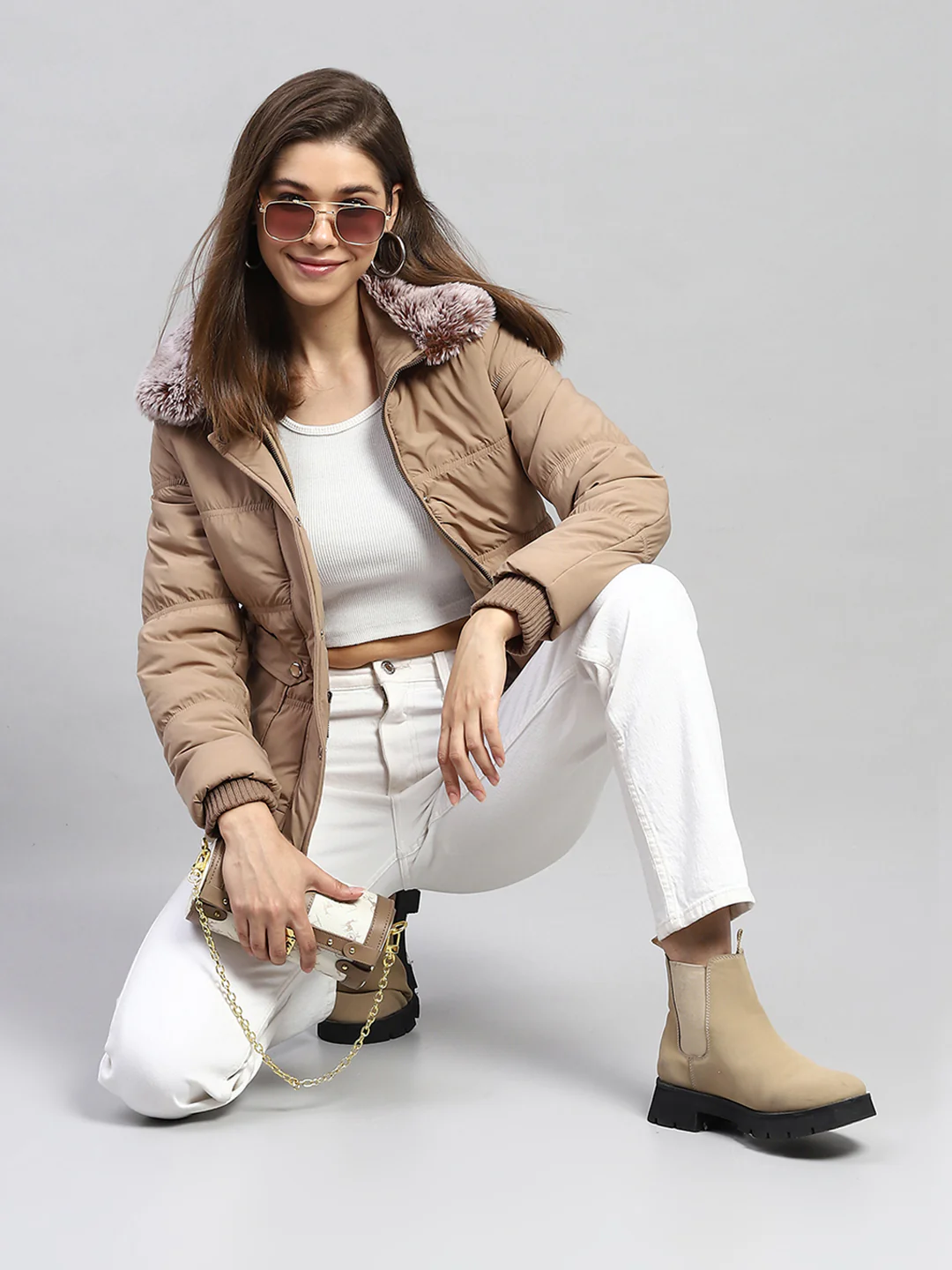 Women Beige Solid Collar Full Sleeve Jacket - Image 2