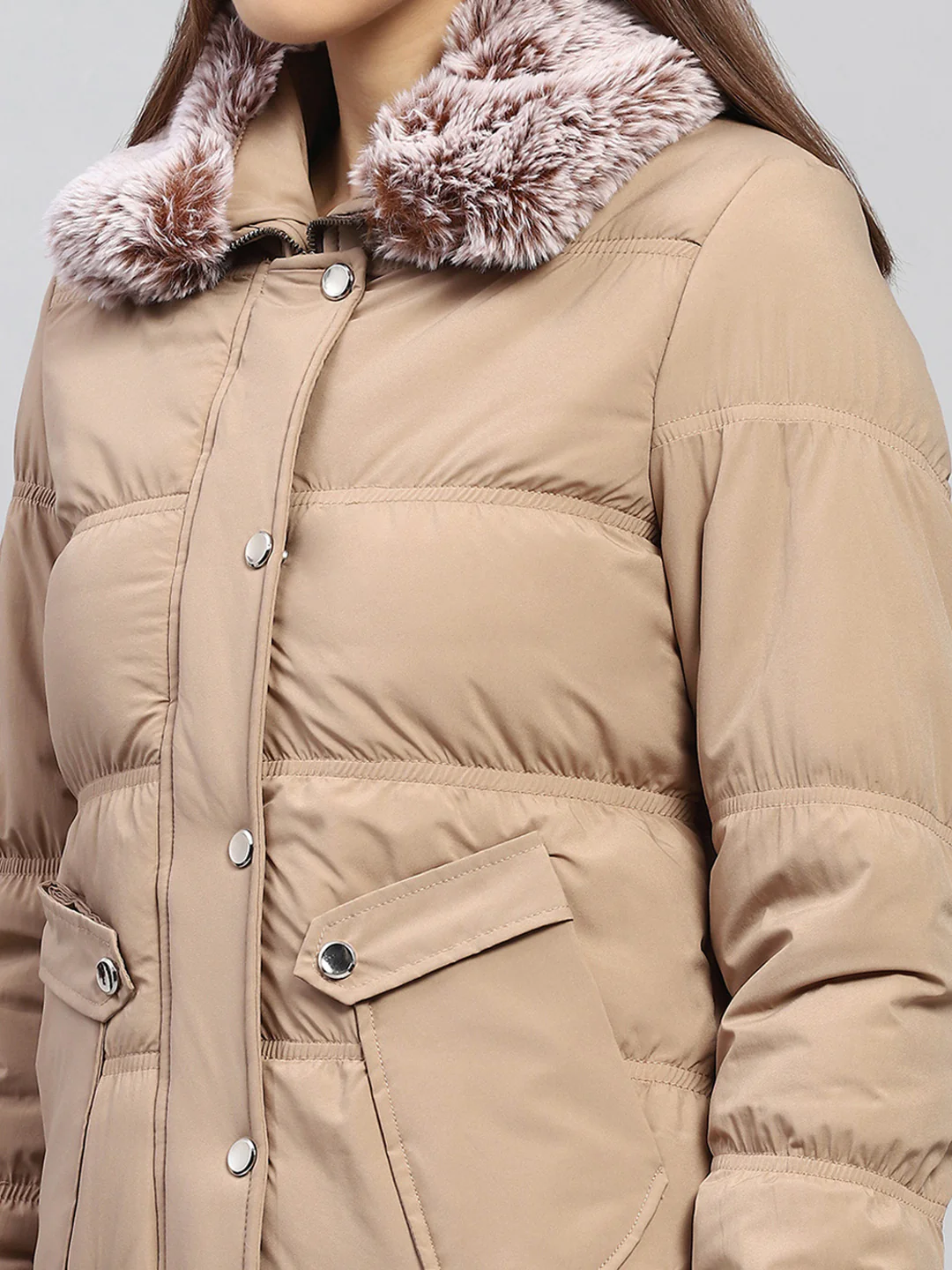 Women Beige Solid Collar Full Sleeve Jacket - Image 6