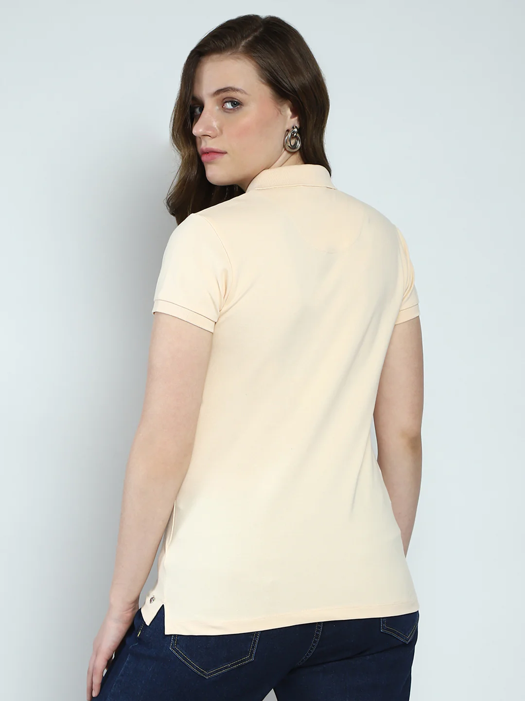 Women Beige Solid Collar Half Sleeve T-Shirt - Image 5