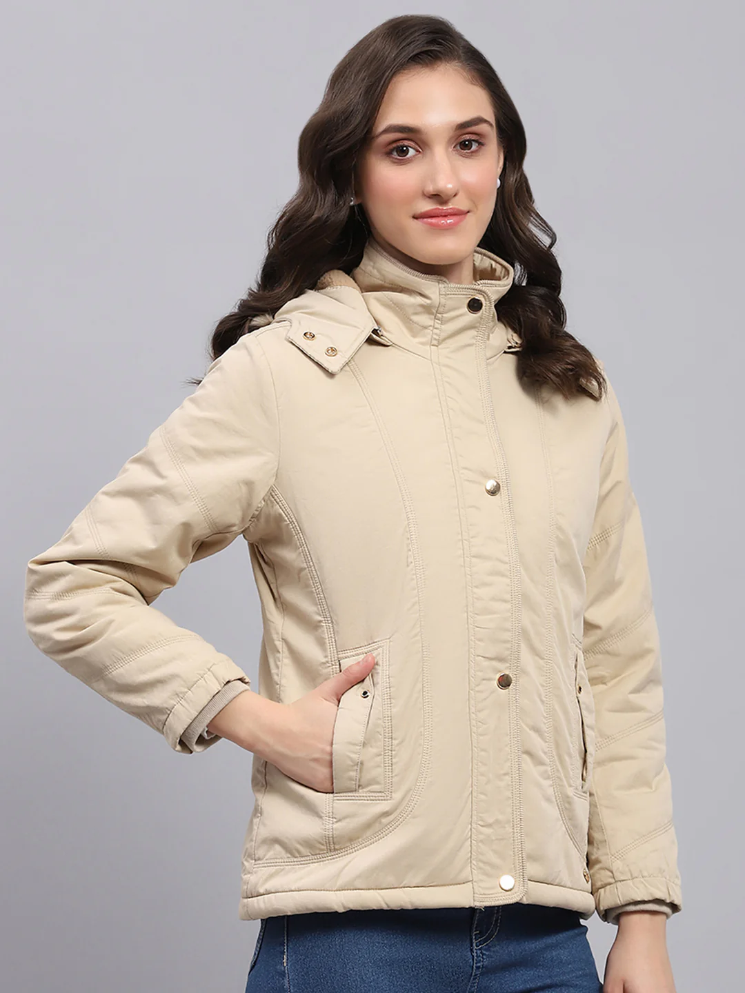 Women Beige Solid Detachable Hood Full Sleeve Jacket - Image 4