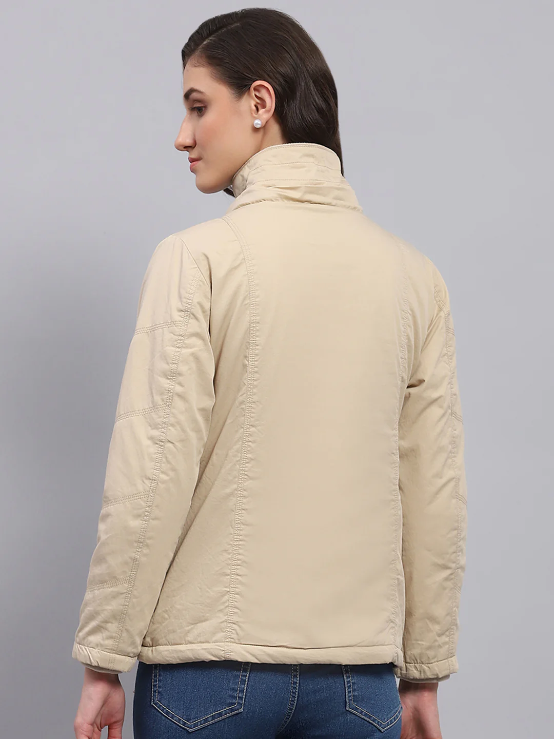 Women Beige Solid Detachable Hood Full Sleeve Jacket - Image 5