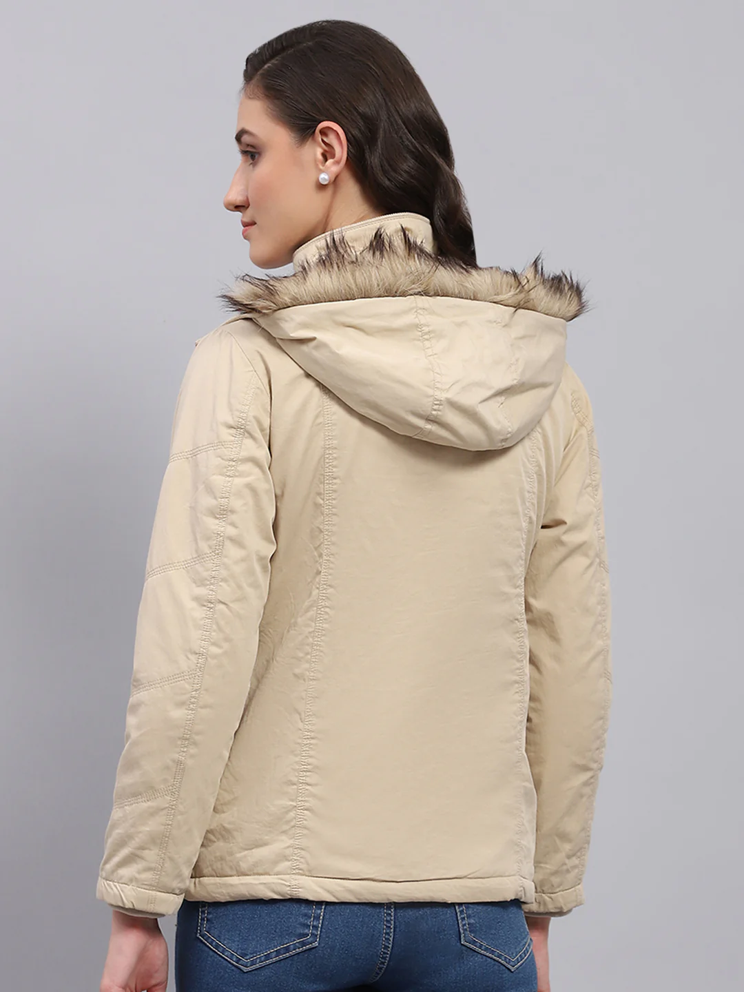 Women Beige Solid Detachable Hood Full Sleeve Jacket - Image 6