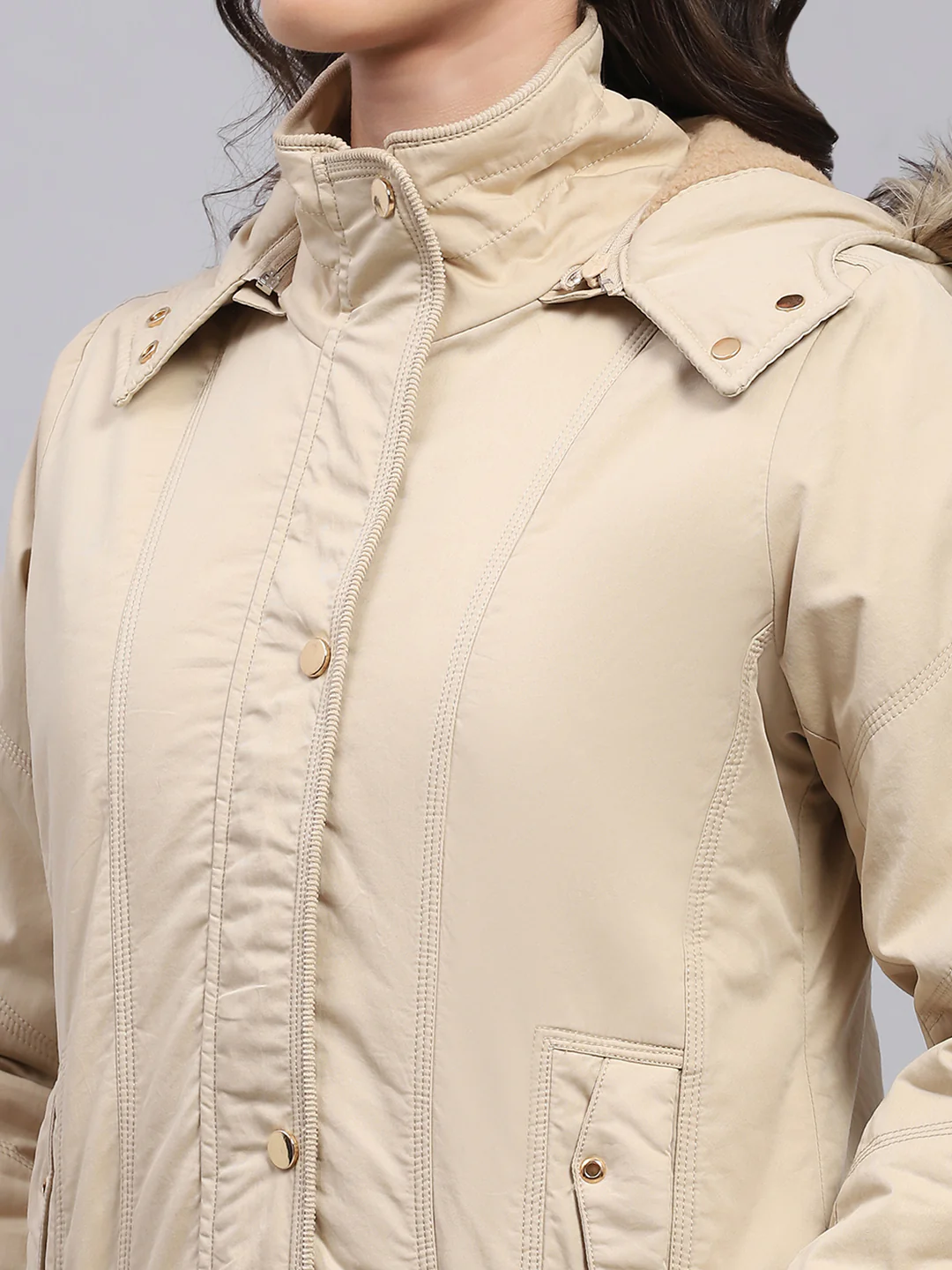 Women Beige Solid Detachable Hood Full Sleeve Jacket - Image 7