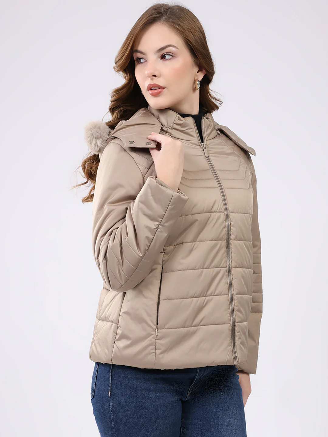Women Beige Solid Hooded Full Sleeve Jacket - Image 4