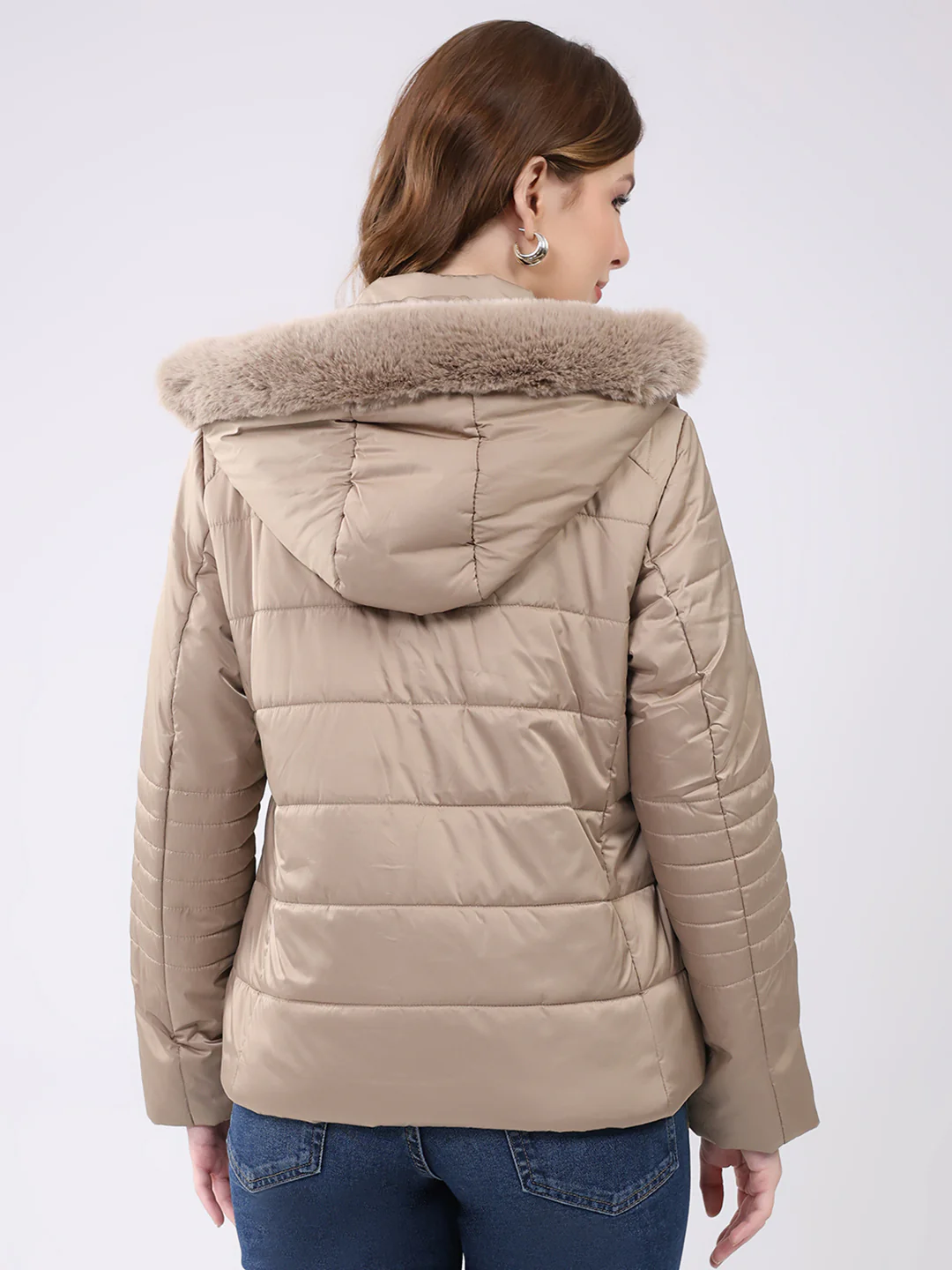 Women Beige Solid Hooded Full Sleeve Jacket - Image 5