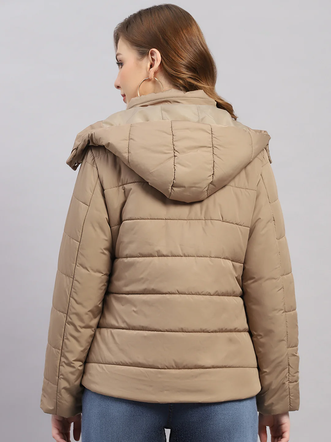 Women Beige Solid Hooded Full Sleeve Jacket - Image 5
