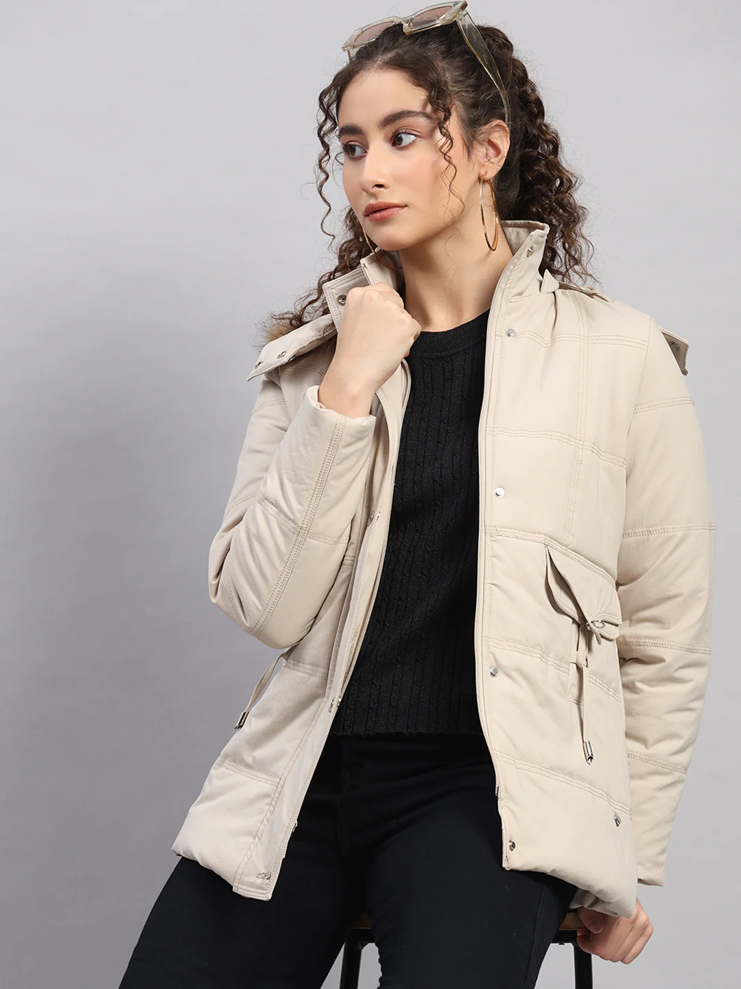 Women Beige Solid Hooded Full Sleeve Jacket - Image 6