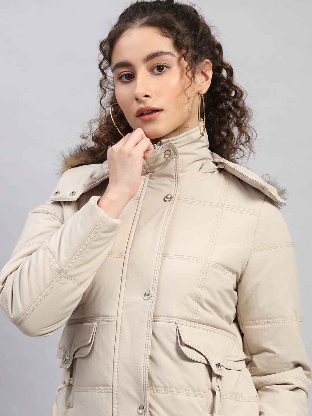 Women Beige Solid Hooded Full Sleeve Jacket - Image 7