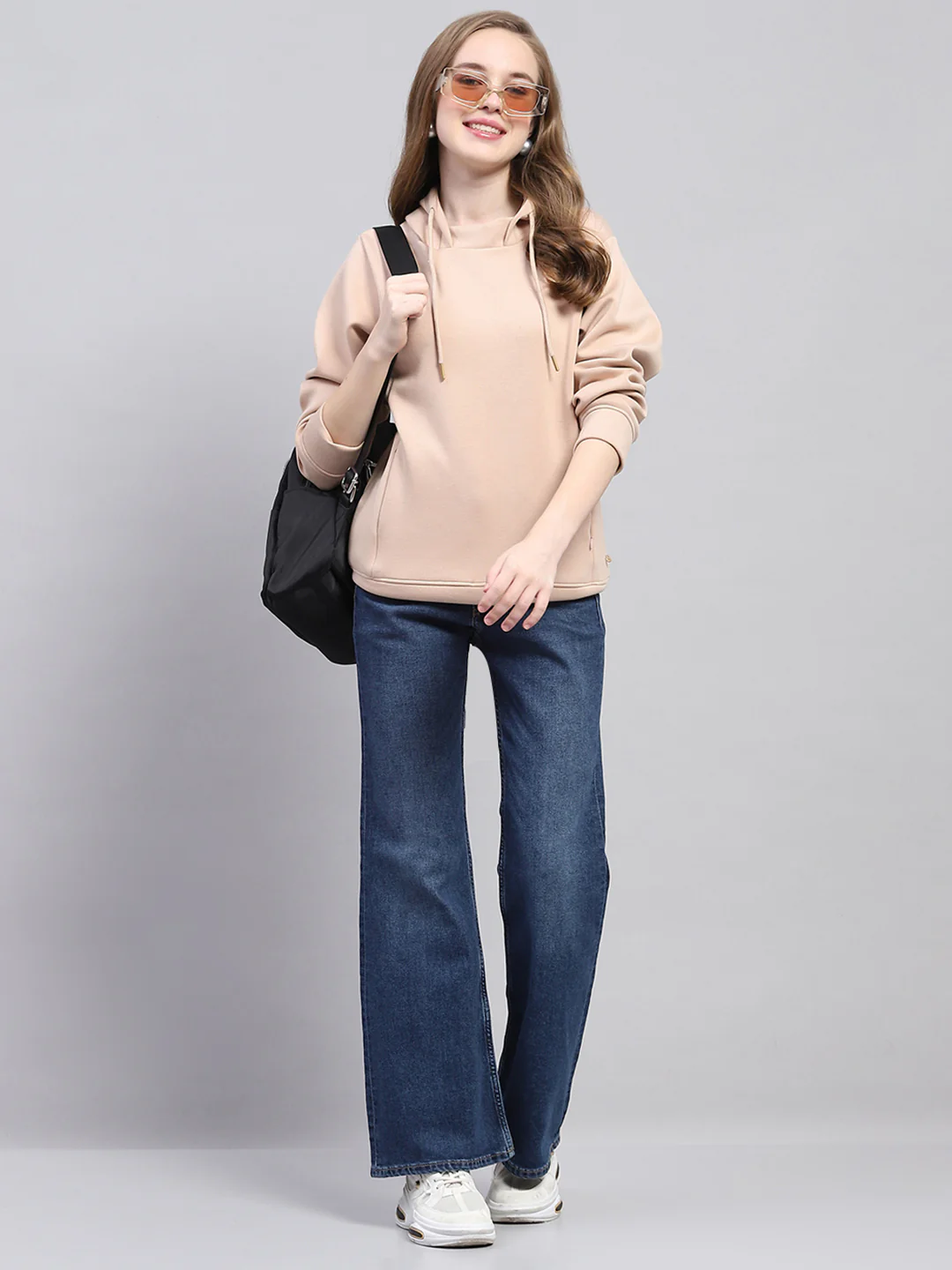 Women Beige Solid Hooded Full Sleeve Sweatshirt - Image 2