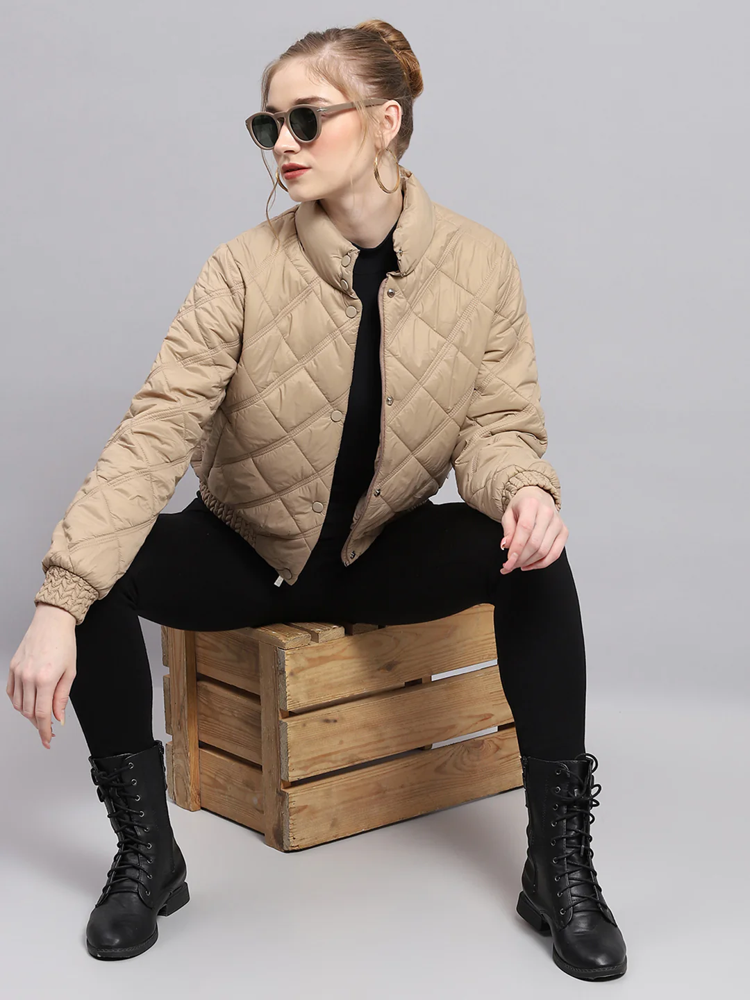 Women Beige Solid Mock Neck Full Sleeve Jacket - Image 2
