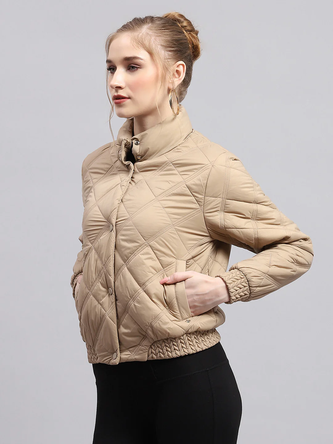 Women Beige Solid Mock Neck Full Sleeve Jacket - Image 3