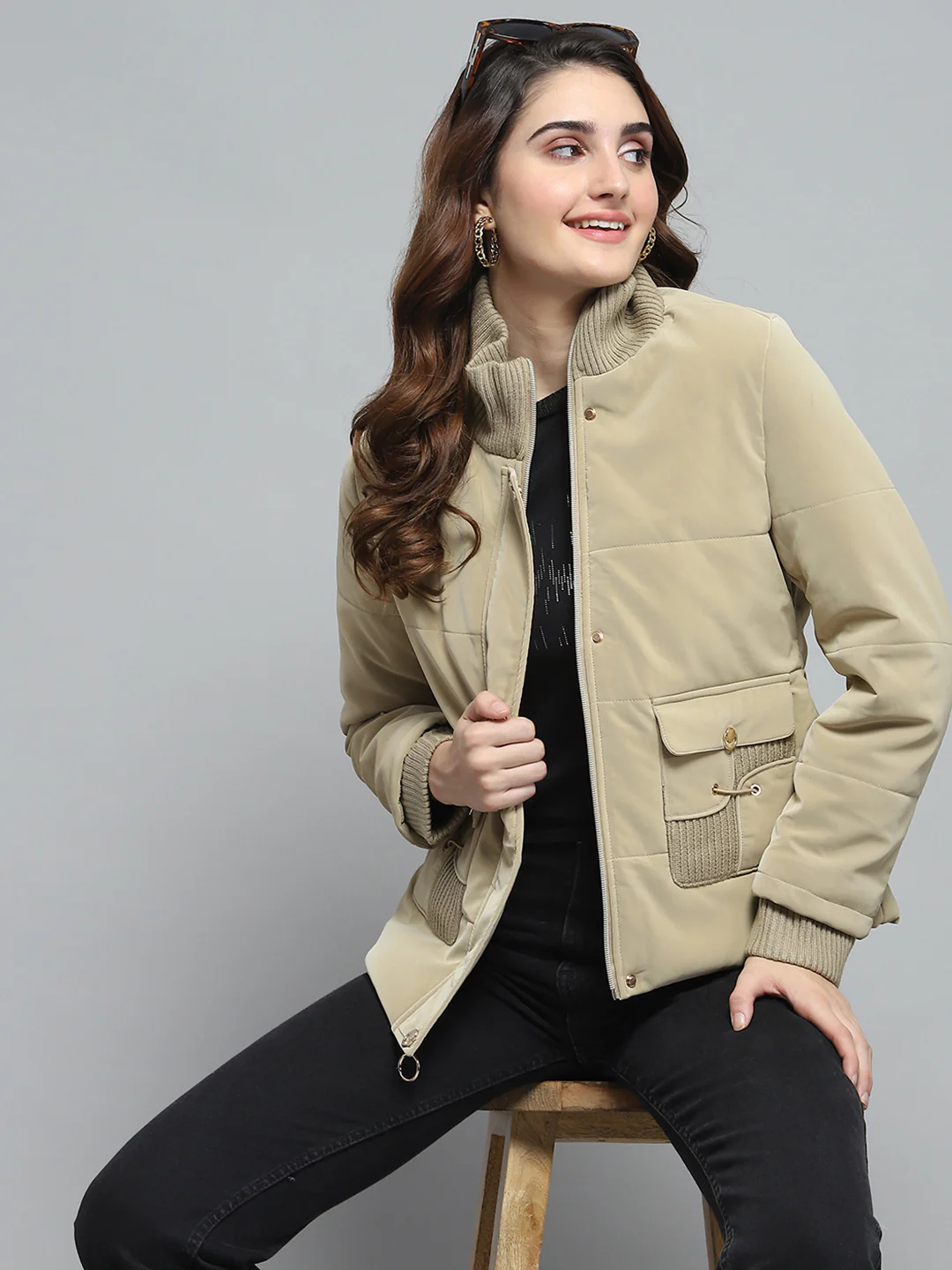 Women Beige Solid Mock Neck Full Sleeve Jacket - Image 6