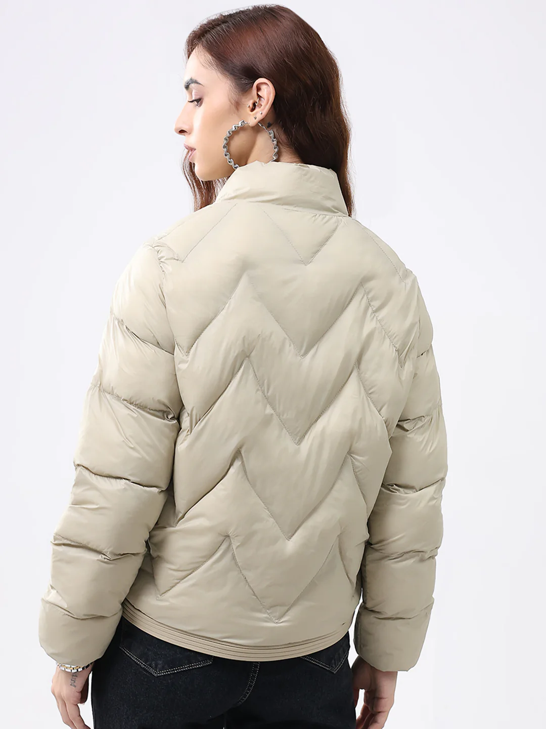 Women Beige Solid Mock Neck Full Sleeve Jacket - Image 5