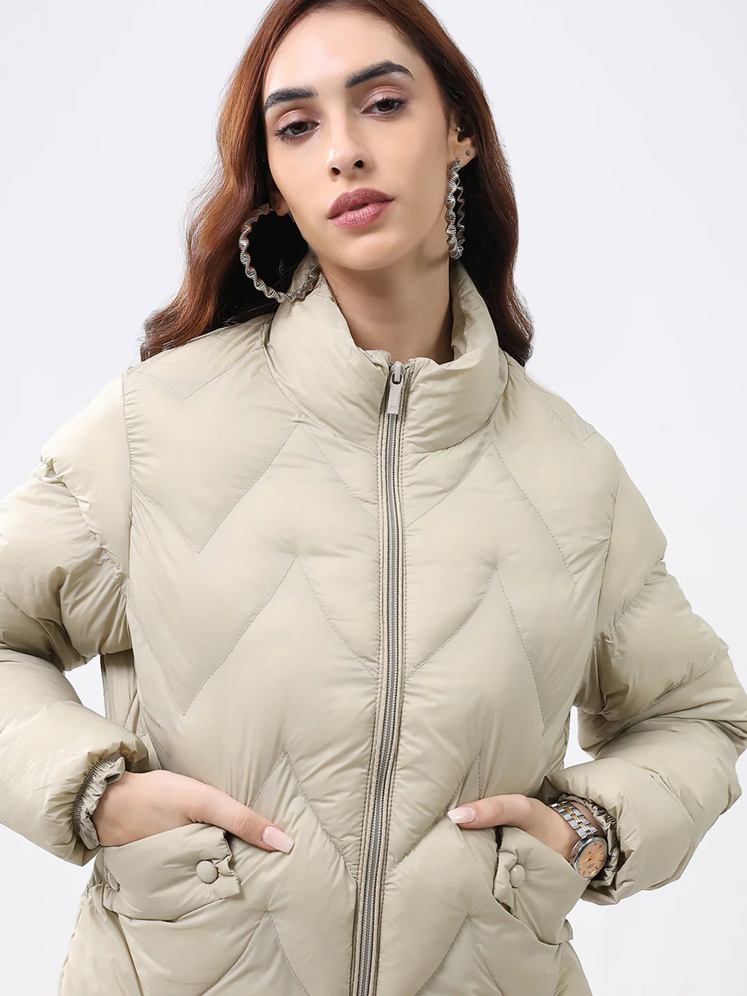 Women Beige Solid Mock Neck Full Sleeve Jacket - Image 6