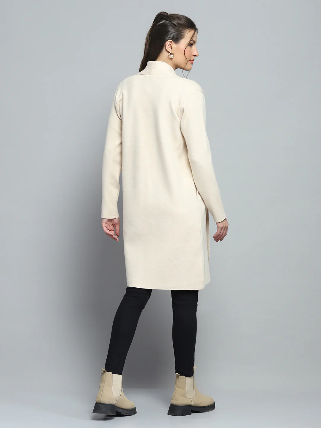 Women Beige Solid Notch Lapel Collar Full Sleeve Cardigan - Image 5